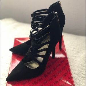 *New Guess Pointed Toe Black Strappy Heels*